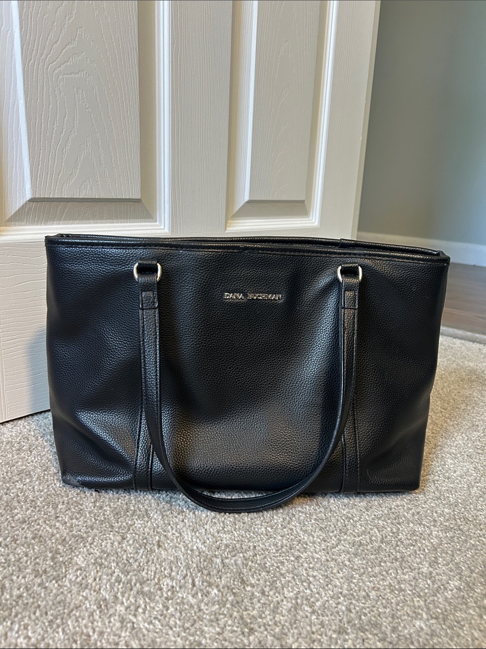 Dana Buchman Black Pebbled Leather Tote with Silver Hardware